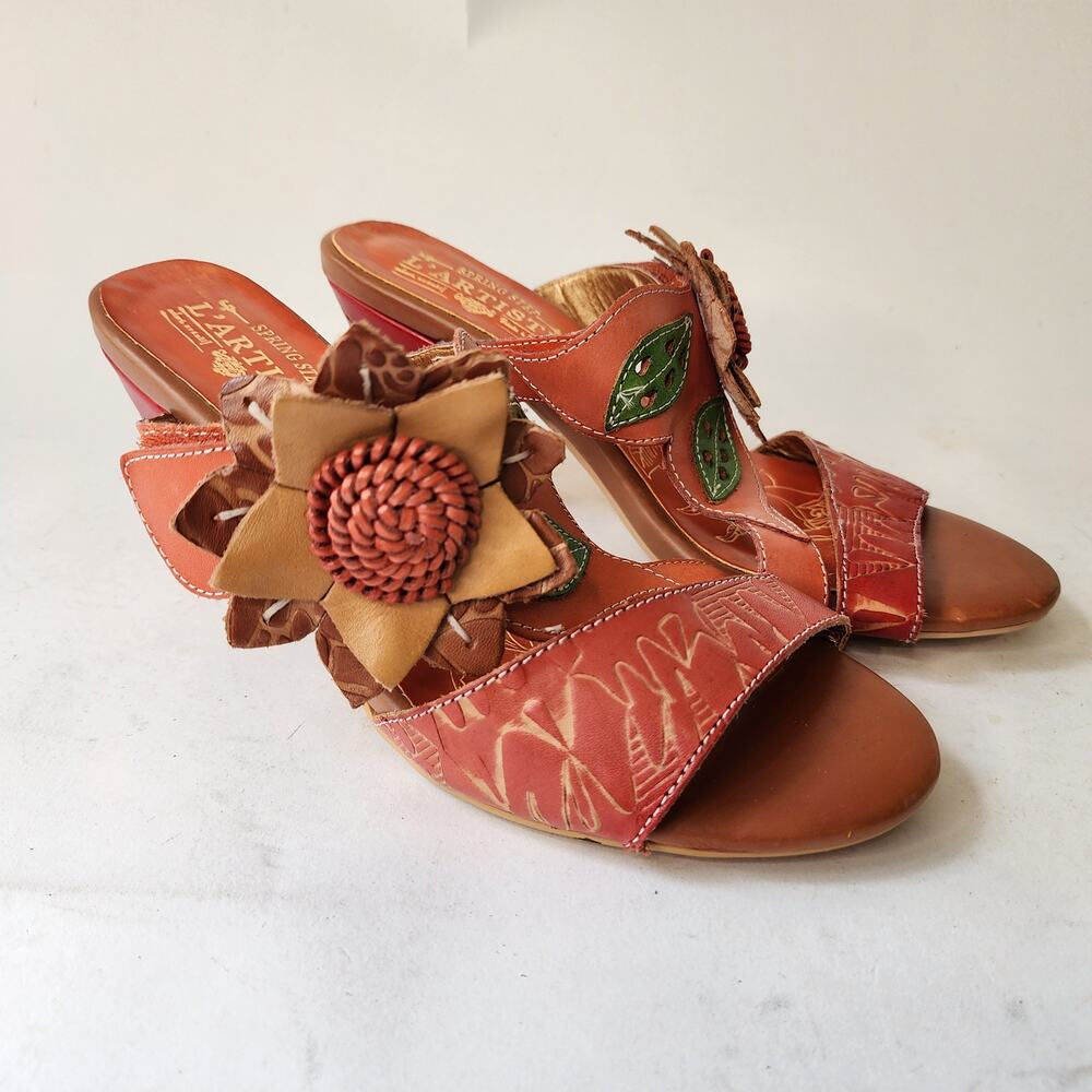 L'Artiste Spring Step Toucy Orange‎ Floral Sandals EU 37 US 6.5-7 Stacked Heel